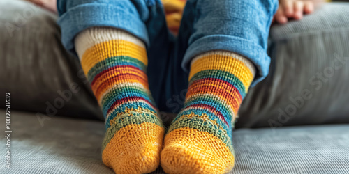 Closeup of legs in comfortable seamless socks for children with sensory clothing issues who are extremely irritated by seams and tags.