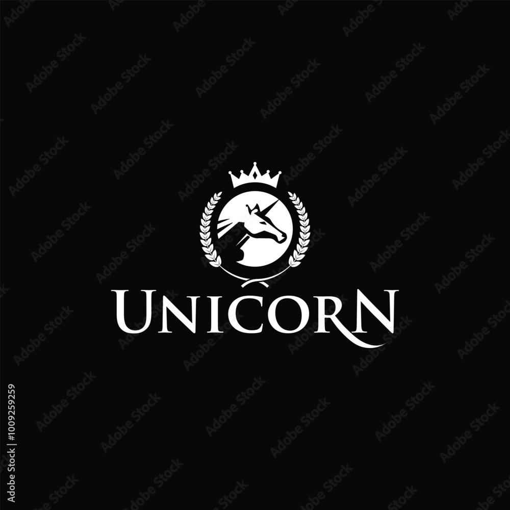 Regal Unicorn Logo Design with Crown and Laurel in Elegant Typography Regal Unicorn Logo Design with Crown and Laurel in Elegant Typography