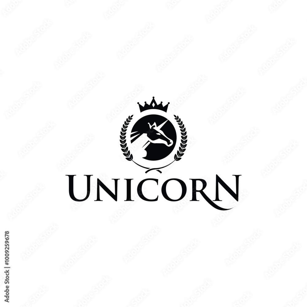 Naklejka premium Regal Unicorn Logo Design with Crown and Laurel in Elegant Typography