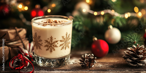 Glass of delicious eggnogg, traditional Christmas dairy-based beverage, near decorated Christmas tree. photo