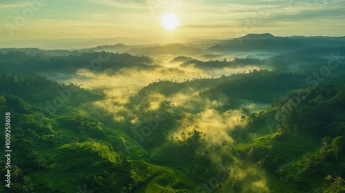 Serene sunrise over misty green valley landscape with lush hills and distant mountains