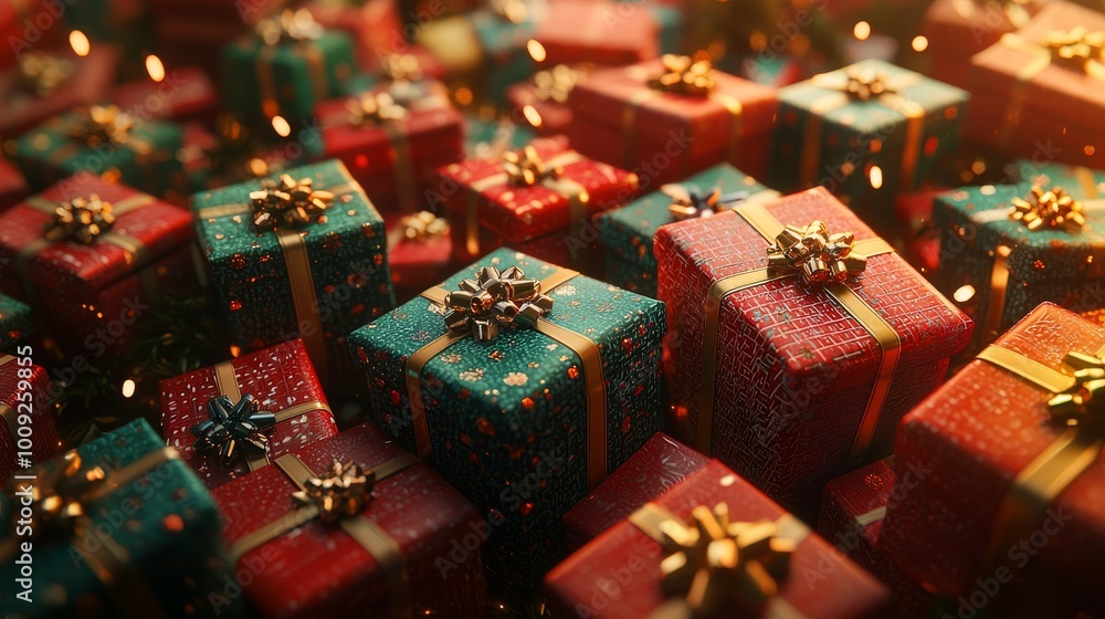 Christmas Gifts Pile Red Green Gold Present Box Festive Decoration Christmas Gifts Pile Red Green Gold Present Box Festive Decoration