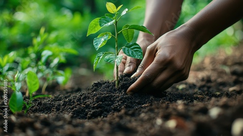 A person's hands carefully planting a sapling in the earth.