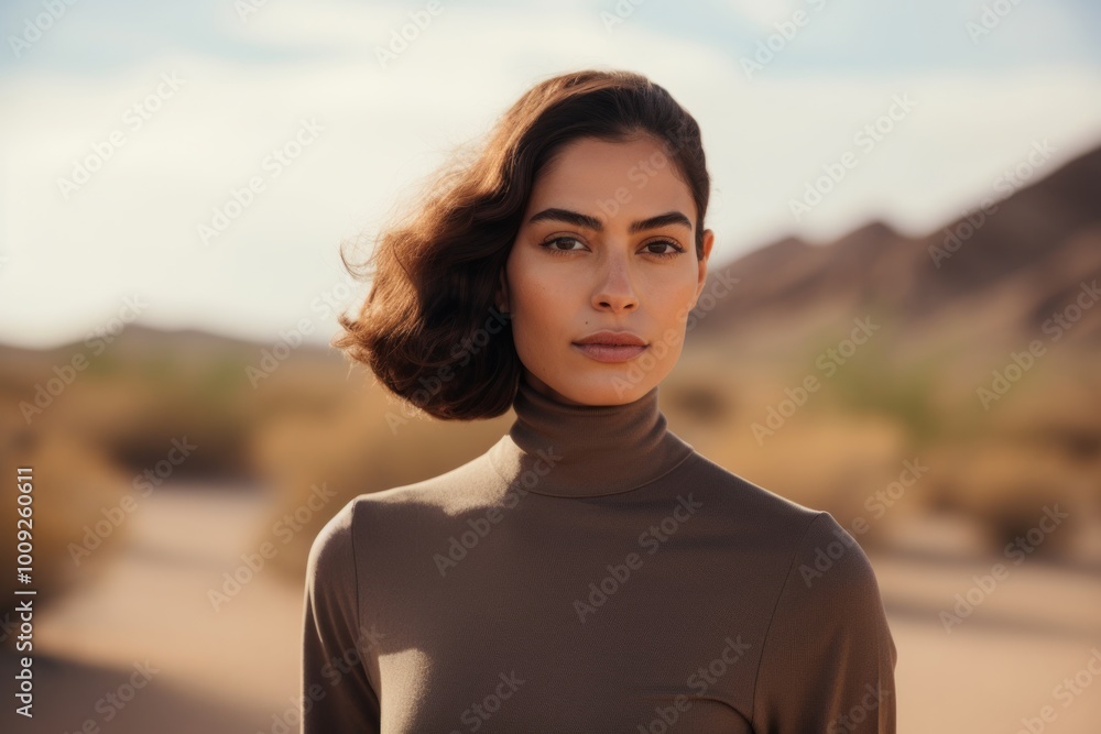 Portrait of a content woman in her 30s wearing a classic turtleneck sweater isolated in backdrop of desert dunes Portrait of a content woman in her 30s wearing a classic turtleneck sweater isolated in backdrop of desert dunes