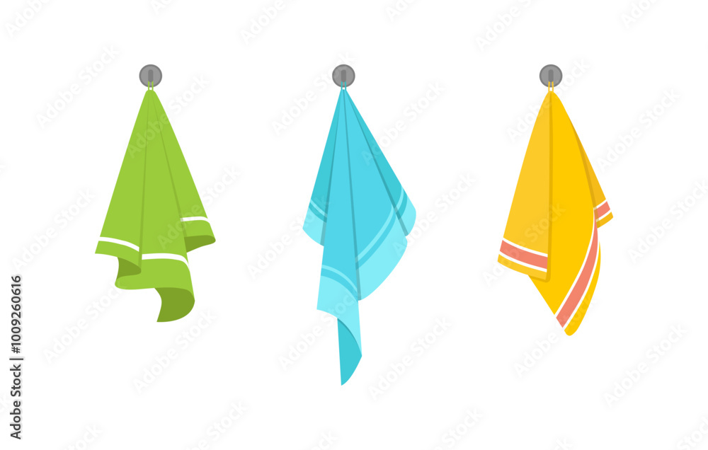 Fabric bath towels. Colorful clean bathtub towel, soft textile, cartoon vector set.