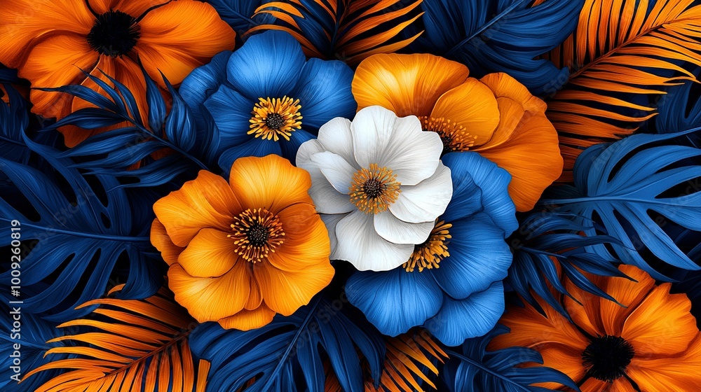A bouquet of blue and orange flowers surrounded by a cluster of blue and orange blossoms A bouquet of blue and orange flowers surrounded by a cluster of blue and orange blossoms