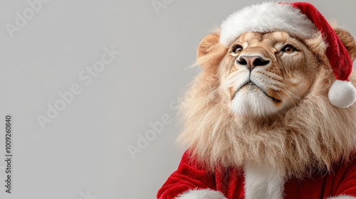 realistic portrait of lion wearing Santa Claus hat and outfit, exuding festive spirit. lions majestic expression adds unique charm to holiday theme photo