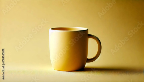 A simple yellow mug is placed against a matching yellow background, creating a harmonious monochromatic effect. Soft lighting casts a gentle shadow, adding depth to the minimalist composition.AI gen