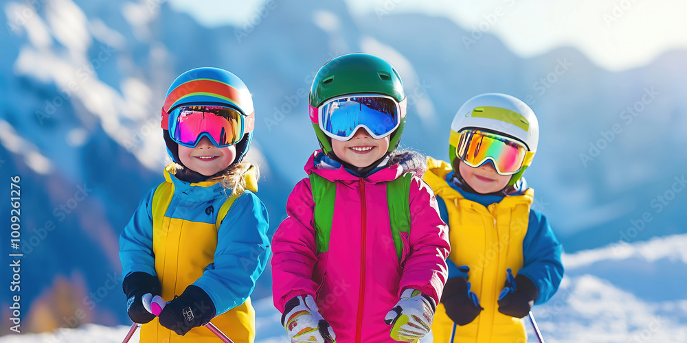 Cheerful little children in colorful ski costume practicing ski at mountain resort on a sunny winter day. Cheerful little children in colorful ski costume practicing ski at mountain resort on a sunny winter day.