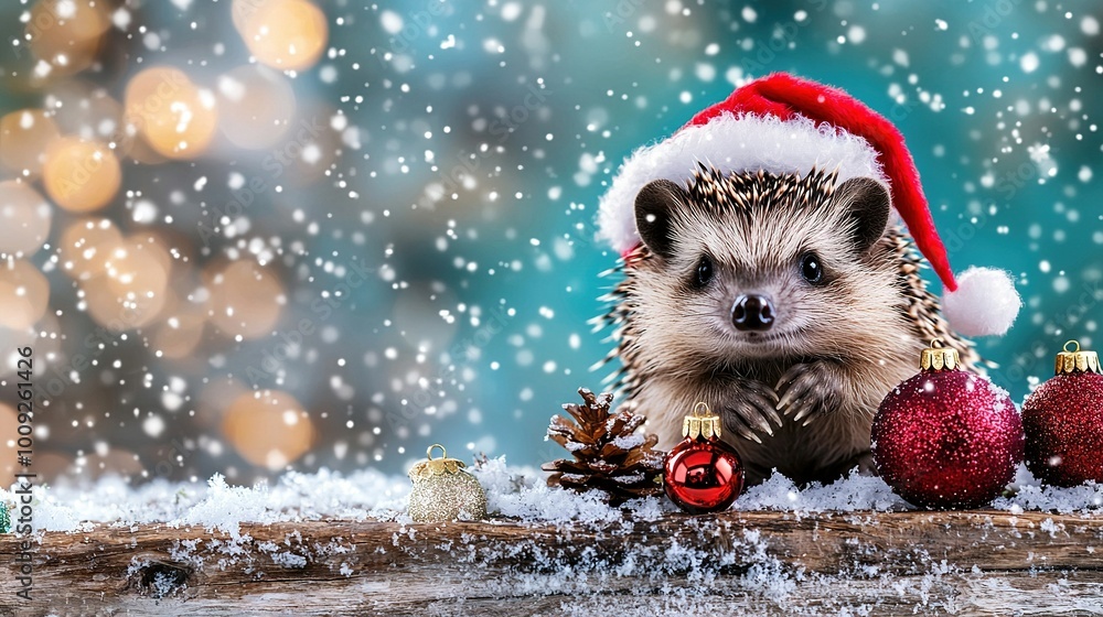 A hedgehog in a Santa hat sits on a wooden table with a Christmas ornament nearby A hedgehog in a Santa hat sits on a wooden table with a Christmas ornament nearby