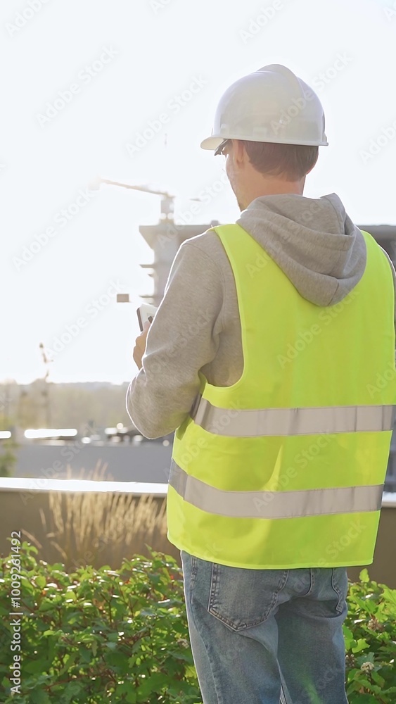 Man engineer with white helmet and safety vest is taking notes on a clipboard while inspecting a construction site at sunrise, back vertical view Man engineer with white helmet and safety vest is taking notes on a clipboard while inspecting a construction site at sunrise, back vertical view