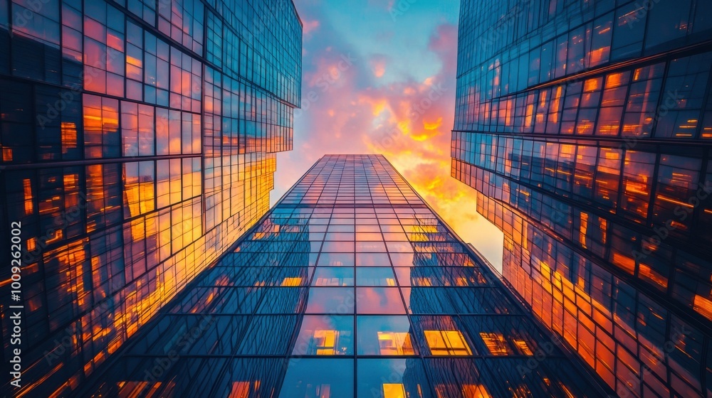 Sunset reflections on modern glass skyscrapers in urban cityscape Sunset reflections on modern glass skyscrapers in urban cityscape