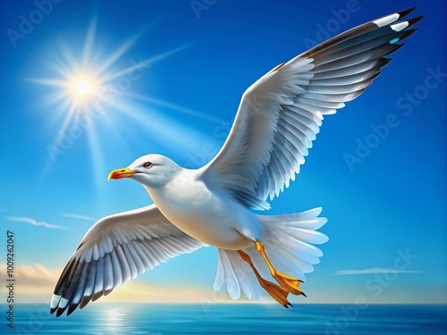 Elegant Vector Illustration of a Seagull in Flight Against a Clear Blue Sky Background for Design Use