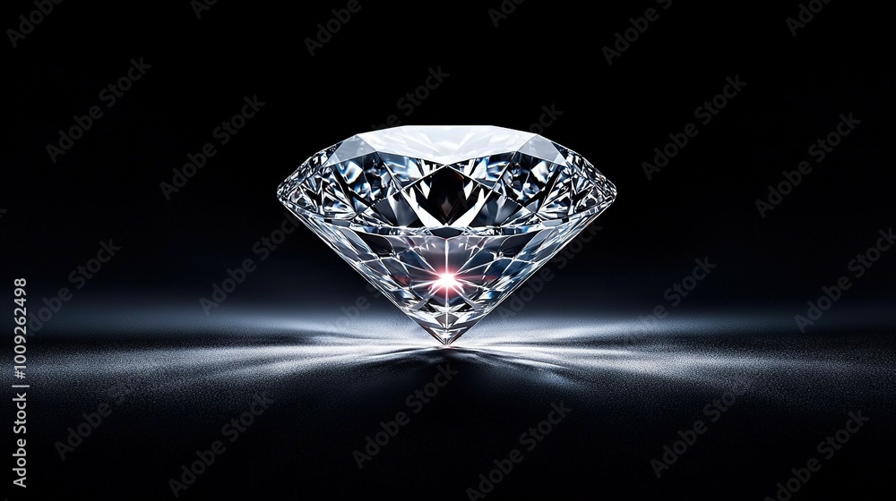 A close-up of a diamond on a black surface, with light shining through the center of the diamond from its center A close-up of a diamond on a black surface, with light shining through the center of the diamond from its center