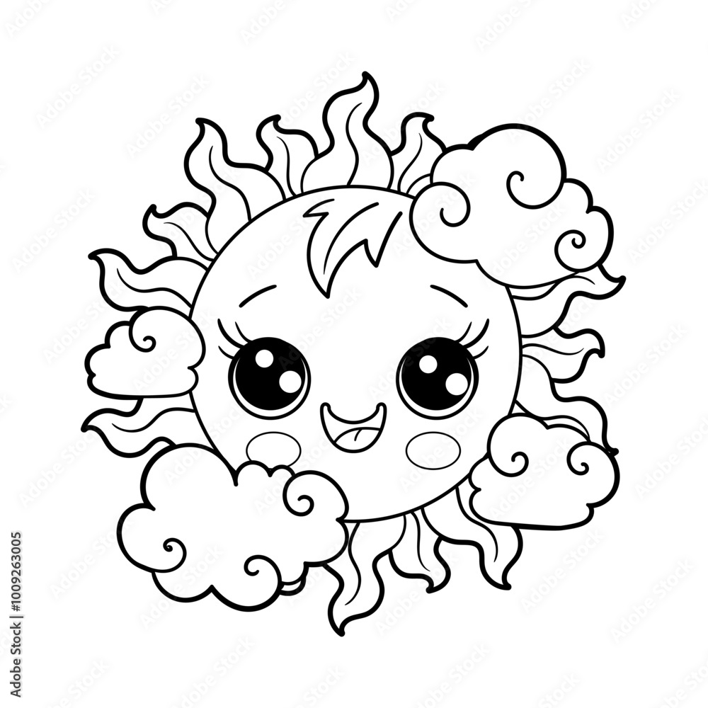Cute cartoon sun and clouds in kawaii style. Black and white line drawing. Isolated on white background. For children's design of coloring books, prints, posters, postcards, stickers etc. Vector Cute cartoon sun and clouds in kawaii style. Black and white line drawing. Isolated on white background. For children's design of coloring books, prints, posters, postcards, stickers etc. Vector