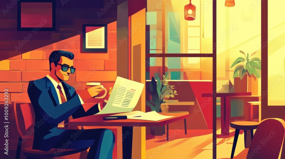 A man in a suit enjoys coffee while reading a newspaper in a modern caf? setting. A man in a suit enjoys coffee while reading a newspaper in a modern caf? setting.