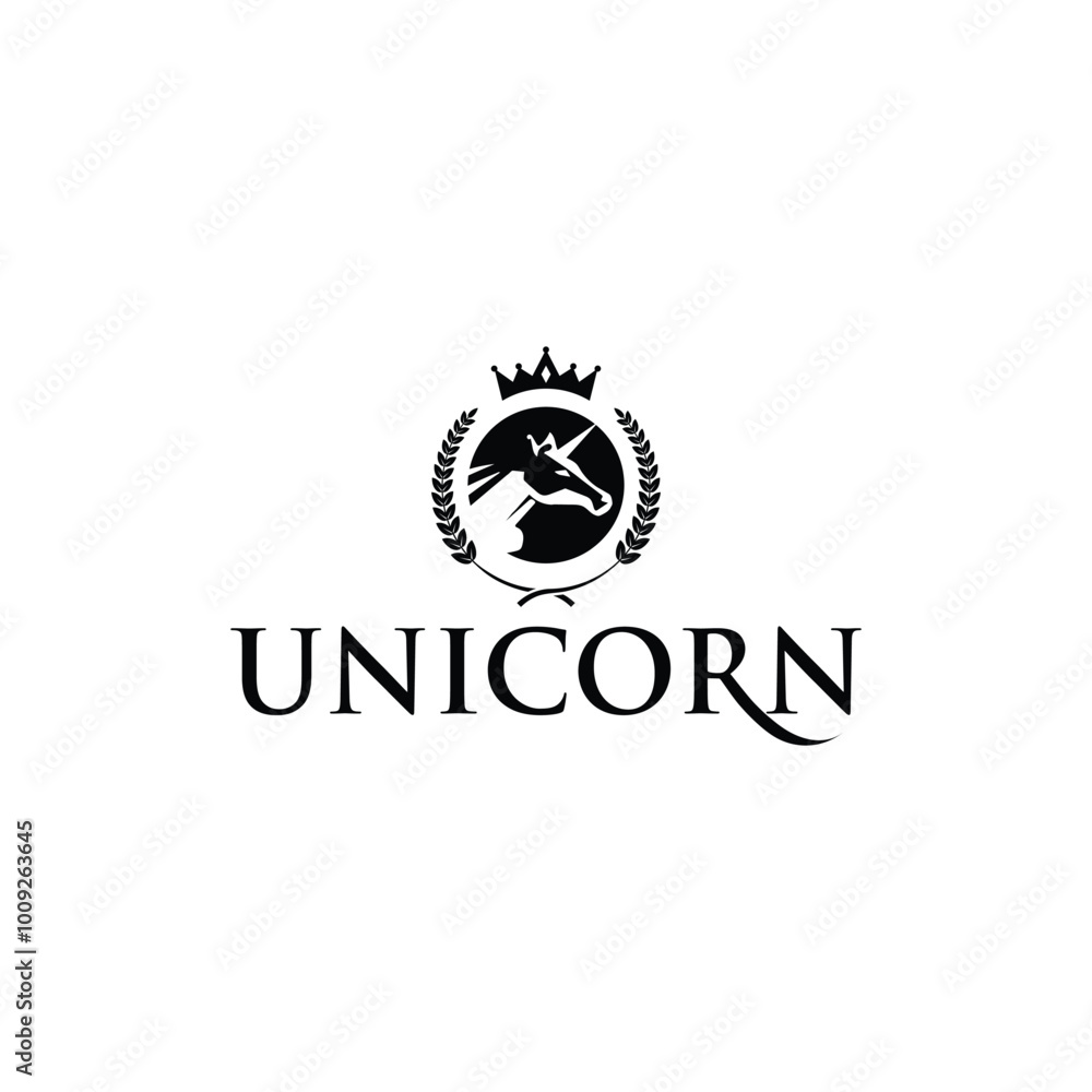 Regal Unicorn Logo Design with Crown and Laurel in Elegant Typography Regal Unicorn Logo Design with Crown and Laurel in Elegant Typography