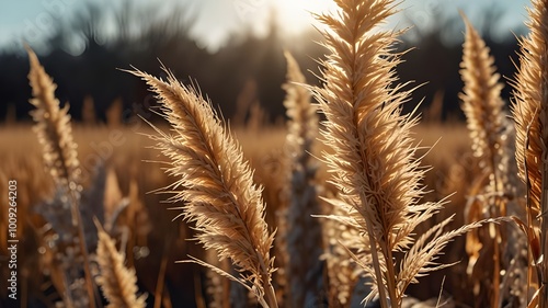 Dry beige reed. Golden pampas grass sways in the wind in the sun in winter. Beautiful abstract nature trend background. Minimal concept. Closeup Generative AI