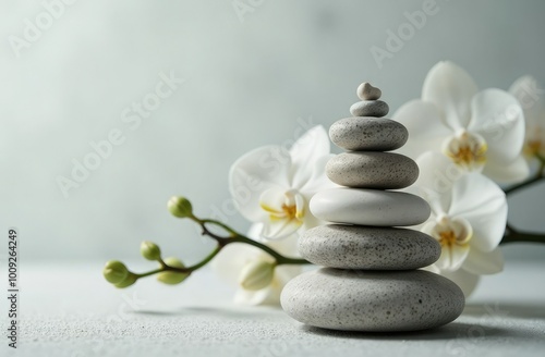 Stacked spa stones with delicate white orchids. Concept for wellness centers, spas, holistic brands and businesses promoting relaxation, balance and mindfulness