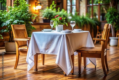 Elegant white tablecloth draping over a wooden table creating a sophisticated dining atmosphere