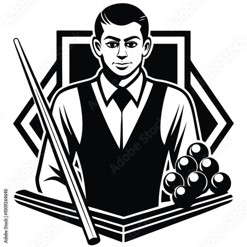 Pool billiards, human next to red table with snooker cues and balls, logo design. Billiards sports game and tournament with the player, vector design and illustration, silhouette 