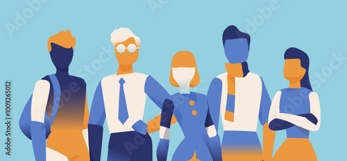 Five human figures standing together, symbolizing unity, teamwork, and collaboration