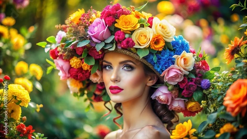 Elegant Woman in a Colorful Flower Hat Surrounded by Blossoms in a Bright and Sunny Outdoor Setting