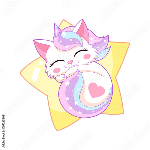 Cute unicorn kitten with rainbow mane sleeps on a star. Kawaii style drawing. Isolated on white background. For children's design of prints, posters, cards, t-shirts, cups, etc. Vector illustration