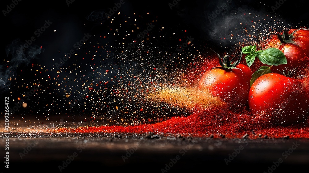 Red tomatoes scattered on black background with orange powder and smoke Red tomatoes scattered on black background with orange powder and smoke