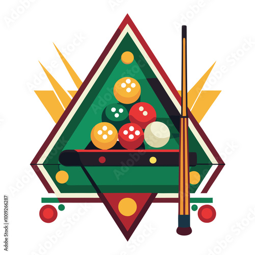 Pool billiards, human next to red table with snooker cues and balls, logo design. Billiards sports game and tournament with the player, vector design and illustration, silhouette 