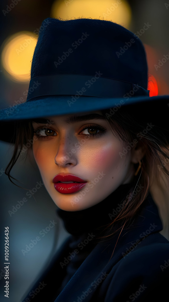 A Close-Up Portrait of a Woman Wearing a Black Hat and Red Lipstick, Looking Out of Frame. A Close-Up Portrait of a Woman Wearing a Black Hat and Red Lipstick, Looking Out of Frame.