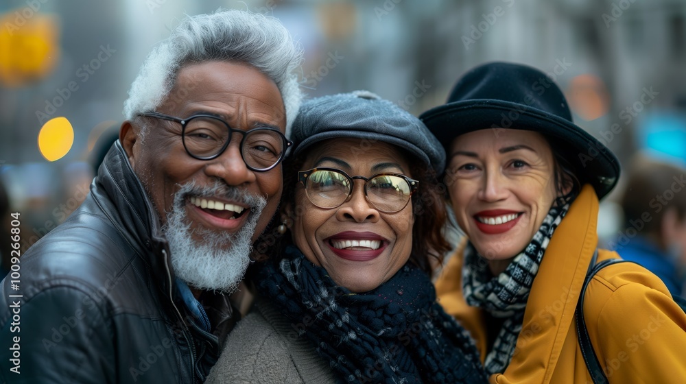 An elderly multiethnic group of friends smiling and posing for the camera at an outdoor event in New York City An elderly multiethnic group of friends smiling and posing for the camera at an outdoor event in New York City
