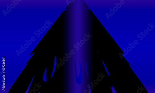 Fantasy graphic. Black background. Illusion of 3d distance dimension depth. Conceptual outer space scene. Blue background. Design element. Two black triangular shapes.