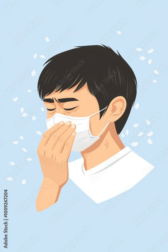 A person wearing a mask, appearing to sneeze or cough, against a light blue background.