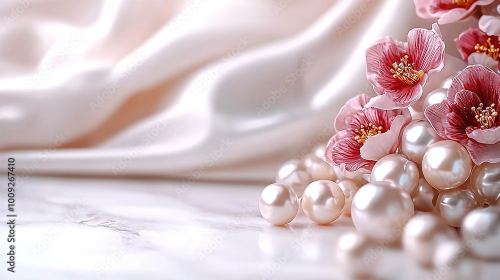 A cluster of pearls resting atop a pristine white table, beside a vivid pink bloom atop a linen cloth A cluster of pearls resting atop a pristine white table, beside a vivid pink bloom atop a linen cloth