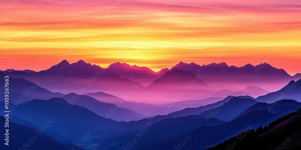 Fototapeta premium A breathtaking sunset over layered mountains, showcasing vibrant colors and serene beauty.