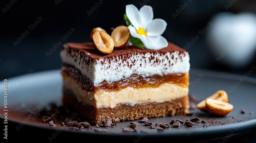 Cake atop plate with chocolate & white frosting & flower Cake atop plate with chocolate & white frosting & flower