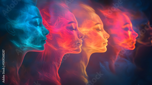 Abstract Digital Art of Four Silhouettes of Faces Rendered in Vibrant Colors, with a Glowing, Smoky Effect, Creating an Ethereal and Dreamlike Composition