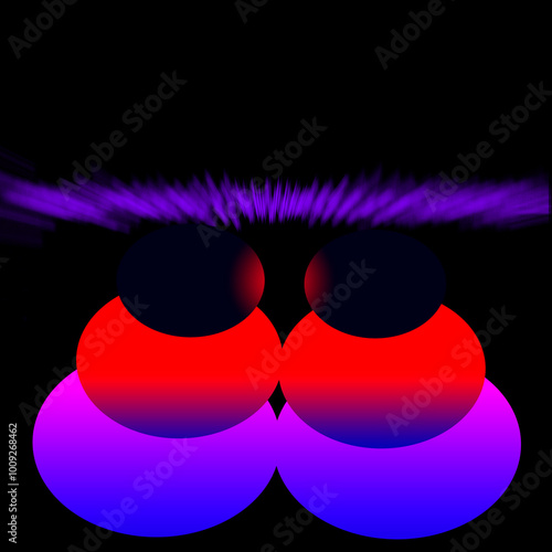 Fantasy graphic. Black background. Illusion of 3d distance dimension depth. Conceptual planets, stars, outer space scene. Gradient blur effect. Design element. colour blends of red blue purple pink.