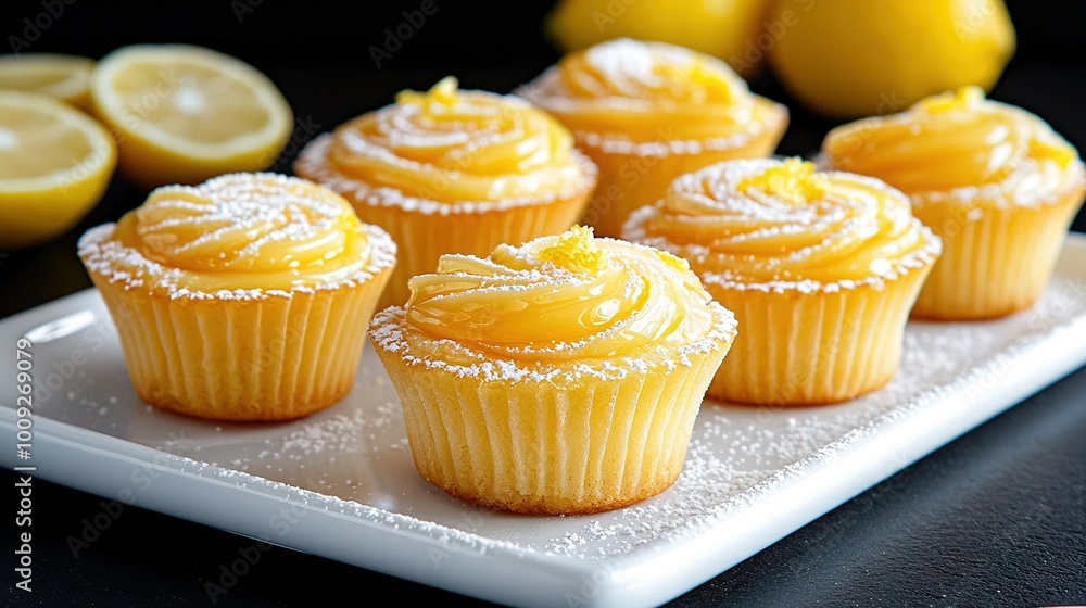 White plate, yellow cupcakes, frosted, lemons, wedges White plate, yellow cupcakes, frosted, lemons, wedges