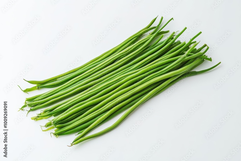 A bunch of fresh green beans arranged on a white background. A bunch of fresh green beans arranged on a white background.