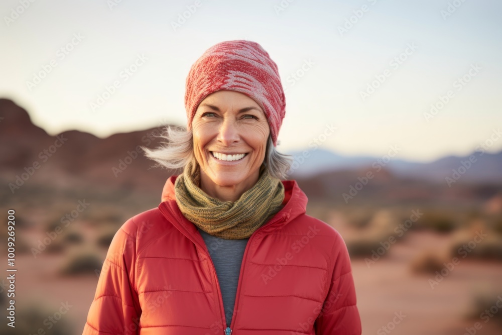 Portrait of a cheerful woman in her 50s sporting a trendy beanie isolated in backdrop of desert dunes Portrait of a cheerful woman in her 50s sporting a trendy beanie isolated in backdrop of desert dunes