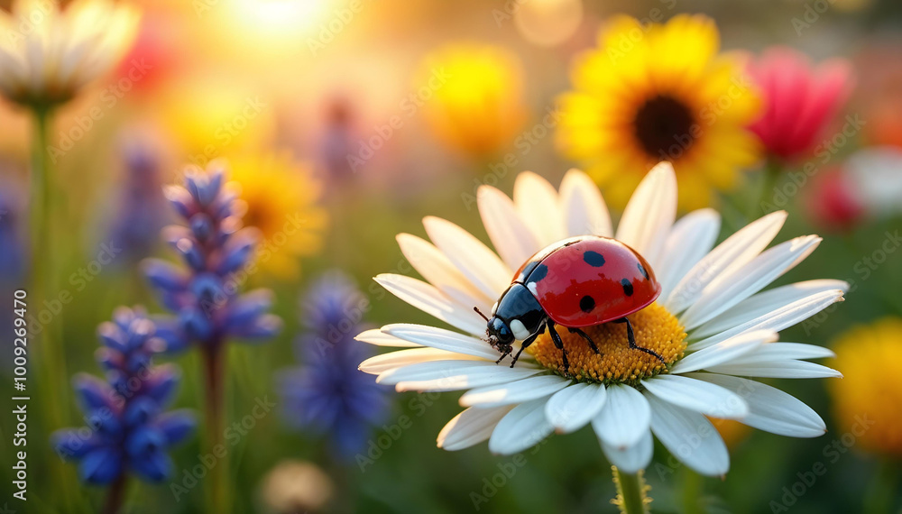 A ladybug perching on a white daisy petal flower in a colorful flower field with daylight sunbeam A ladybug perching on a white daisy petal flower in a colorful flower field with daylight sunbeam