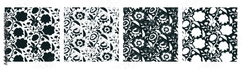 Set of 4 black and white Indian floral patterns with abstract trailing flowers and leaves. Ethnic monochrome botanical background.