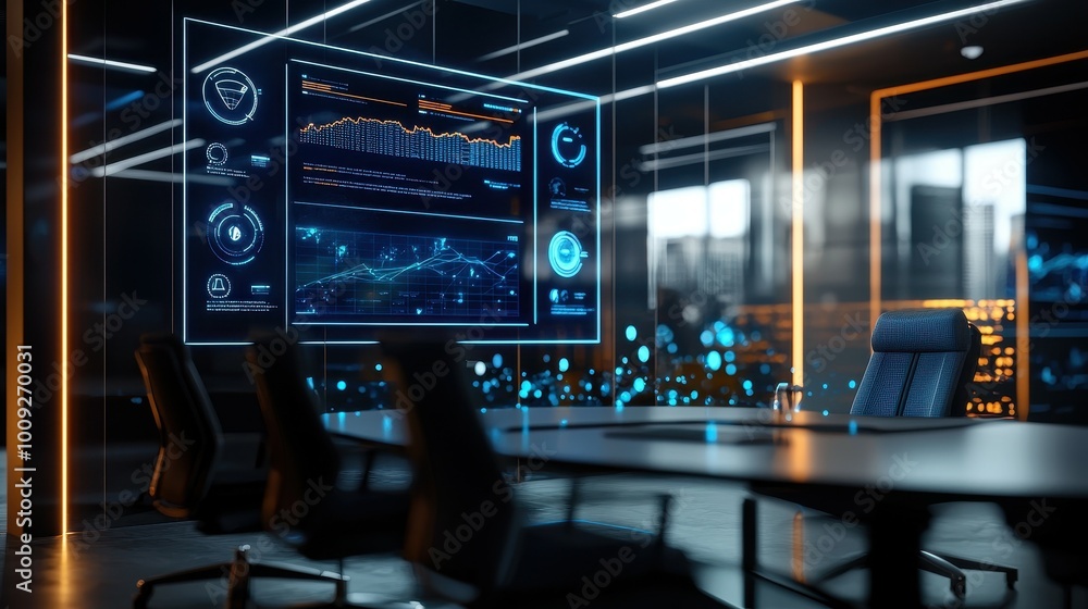 A modern office conference room with a large screen displaying data and charts. A modern office conference room with a large screen displaying data and charts.