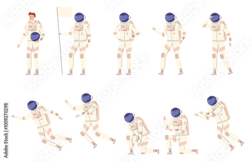 Astronaut in different poses. A man in an astronaut costume. Space exploration. Flight to the stars, to the future. Vector illustration