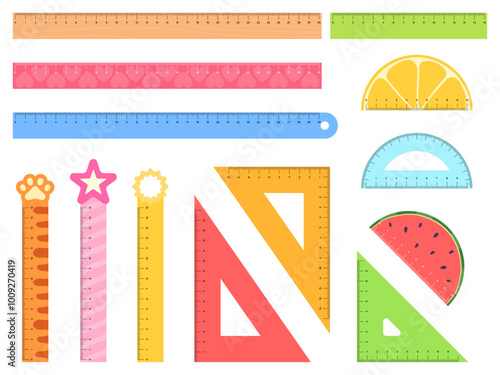 A set of colored rulers. School device for measuring length. Children school lines. Vector illustration