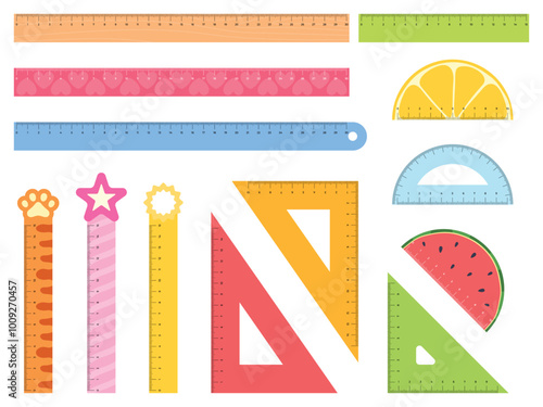 A set of colored rulers. School device for measuring length. Children school lines. Vector illustration