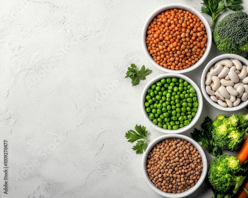 Fresh Organic Legumes and Vegetables Arrangement on White Surface - Wholesome Farm-to-Table Concept with Colorful Ingredients for Recipes and Healthy Eating - Top-Down View