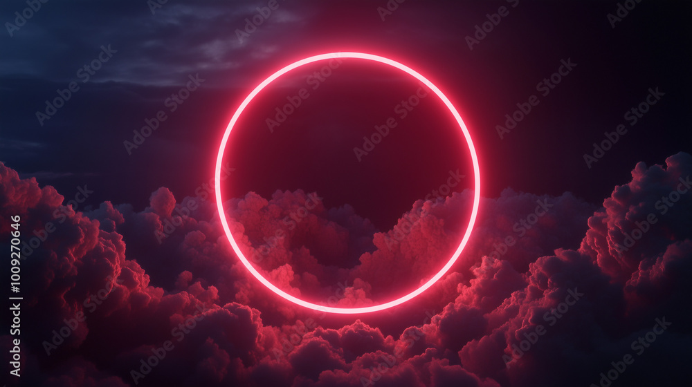 Obraz premium Na ciemnym, nocnym niebie widnieje abstrakcyjna chmura, oświetlona intensywnym neonowym pierścieniem.
